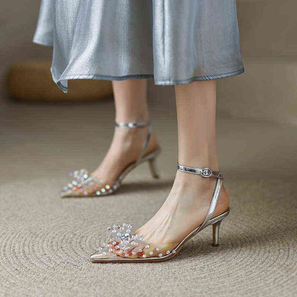 

designer women's high heels casual sandals transparent high-heeled 2022 pointed entity store fine heel buckle temperament sandals, Black