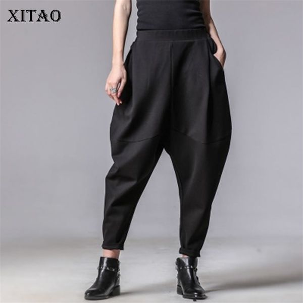 

xitao plus size women autumn winter pants personality elastic waist black harem pants casual spliced trousers lj201130, Black;white