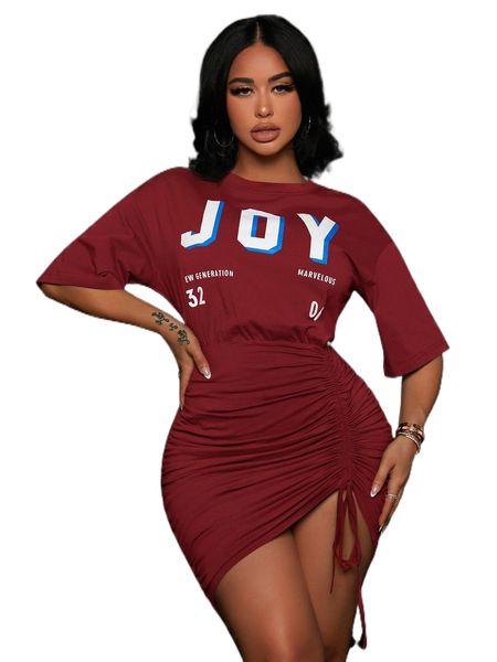 

sxy letter graphic drop shoulder drawstring front fitted dress y590#, Black;gray