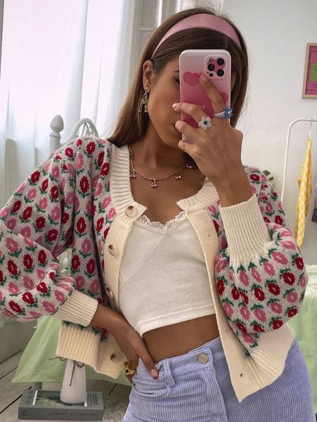 

flower pattern drop shoulder cardigan k4pw#, White;black