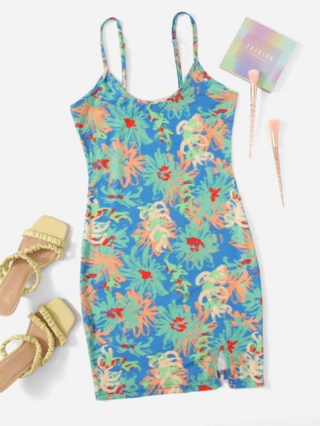 

floral print slit side bodycon cami dress d1tg#, Black;gray