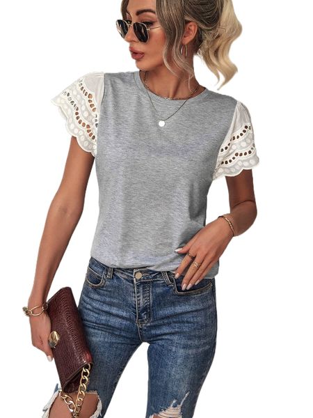 

eyelet embroidery butterfly sleeve tee t5py#, White