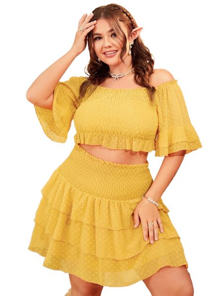 

plus swiss dot off shoulder shirred peplum & layered hem skirt l1g4#, Black