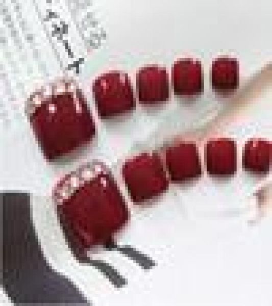 

24pcs/set pretty summer toes false nails rhinestone pre-design full cover red foot artificial fake nails with glue nail beauty7479992, Red;gold