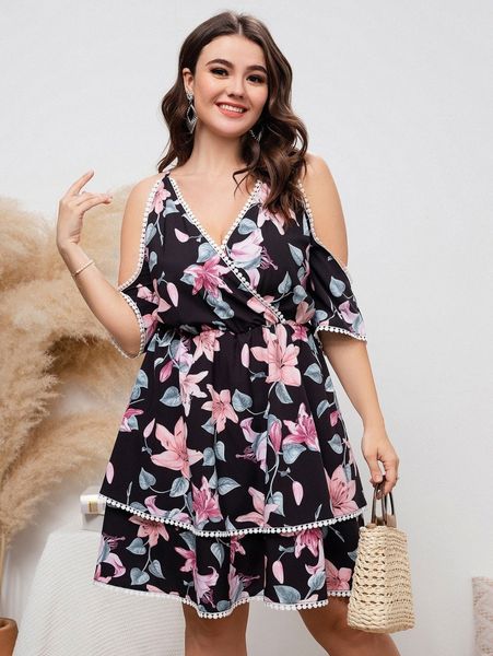

plus floral cold shoulder lace trim layered dress h7wk#, Black