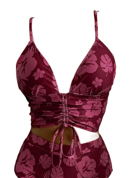 

random floral print drawstring front tankini r1bw#, White;black