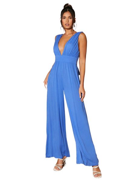 

deep v neck tie backless jumpsuit 85l7#, Black;white