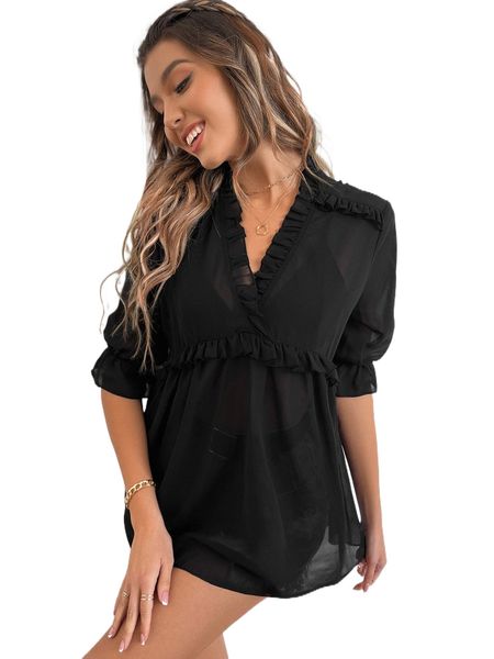 

frill trim chiffon blouse 96pi#, White