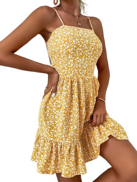 

ditsy floral backless ruffle hem cami dress x6il#, Black;gray