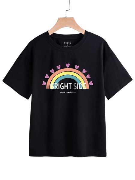 

slogan & heart print drop shoulder tee 73j2#, White