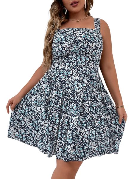 

plus ditsy floral print dress k6li#, Black