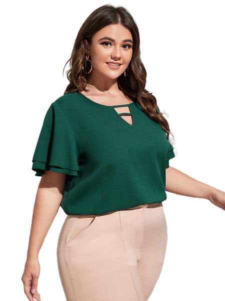 

plus keyhole neck flounce sleeve blouse z7s8#, Black