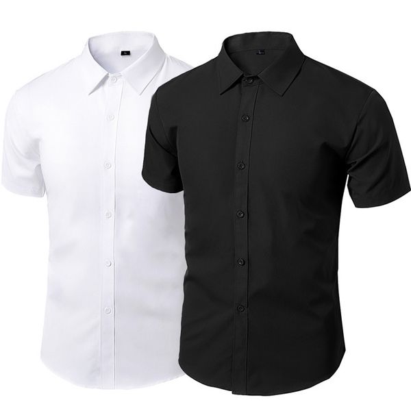 

summer short sleeve dress shirts men male non-iron workwear slim social shirt white black branded men's clothing 5xl vintage 220401