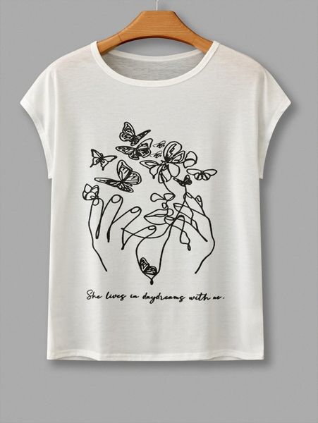 

abstract figure & butterfly print dolman sleeve tee q2du#, White