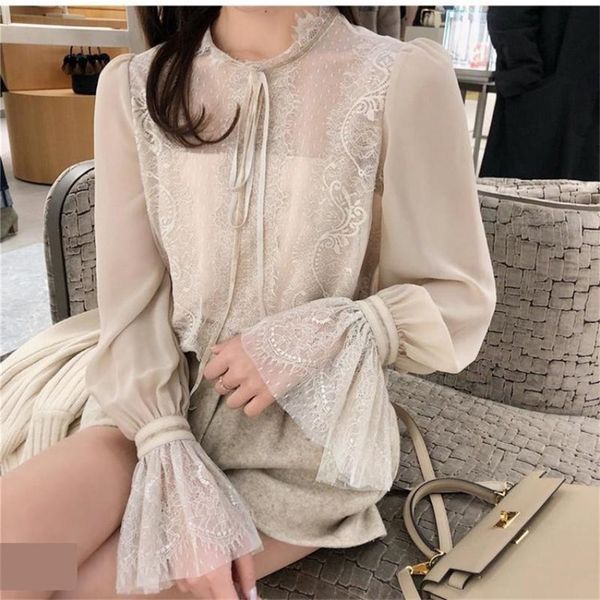 

spring arrival fairy blusa feminina chiffon shirt bottoming flare sleeve lace blouse sling attached 210226, Black;gray