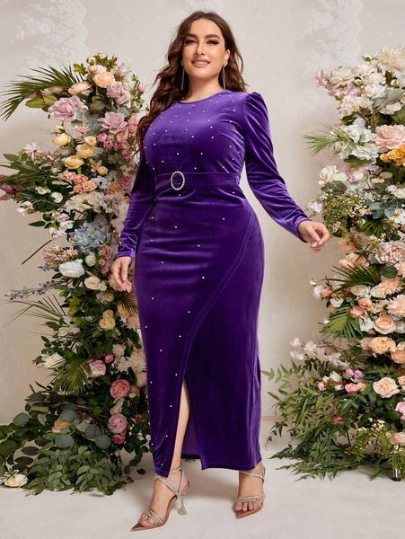 

plus pearl beaded belted slit hem velvet formal dress n8iu#, Black
