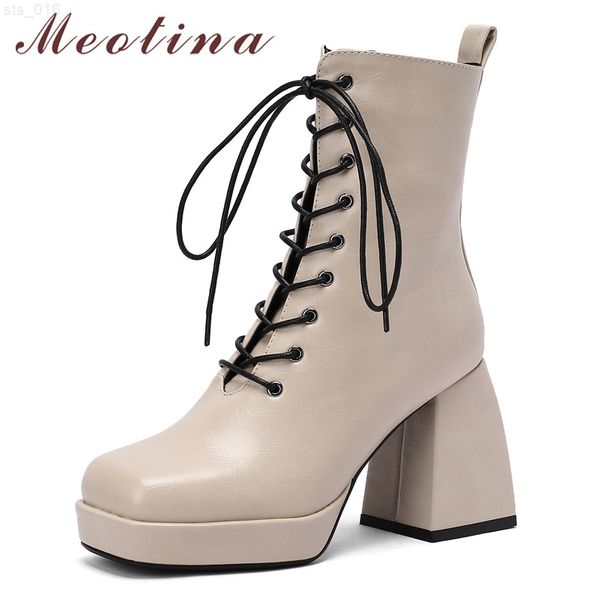 

meotina pu leather ankle boots women platform thick super high heel shoes slip on square toe lady short boots winter 34-43 beiget220718, Black