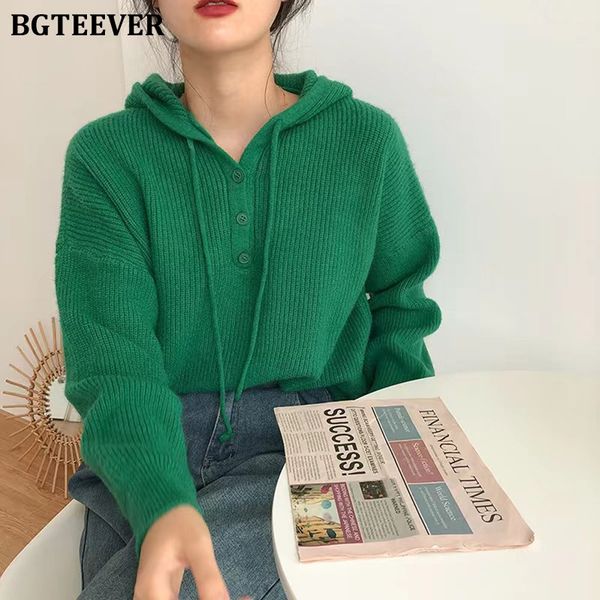 

casual hooded buttons women sweater knitwear long sleeve loose female knitted sweaters jumpers 2021, White;black