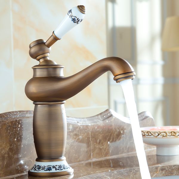 Banyo musluk antika bronz havza lavabo katı pirinç vintage tarzı tek saplı su mikseri musluklar dekoratif seramik