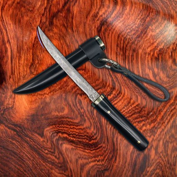 Специальное предложение r8303 Небольшое выживание Прямой нож VG10 Damascus Steel Drop Blade Blade Ebony Hass Head Head Head Renter