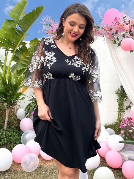 

plus contrast floral embroidered mesh flutter sleeve dress u6as#, Black