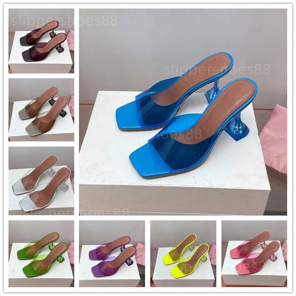 

designer heels pvc sandals transparent slide strap clear heel slider sandal square open toe slip on candy color glass slides pump party wedd, Black