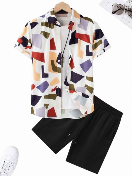 

men random geo print shirt & drawstring waist shorts without tee h9cq#, Gray