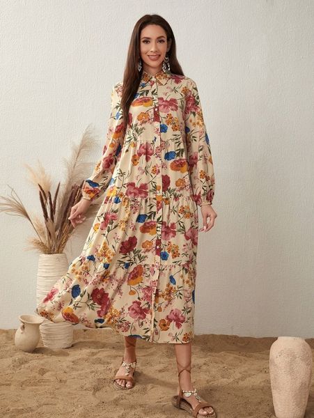

collared lantern sleeve floral print shirt dress l6dh#, Black;gray