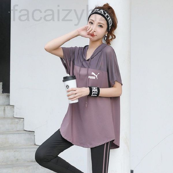 

women's t-shirt designer [milk silk + cotton mesh][women's clothing]summer yoga suit medium long hooded short sleeved t-shirt s07n, White