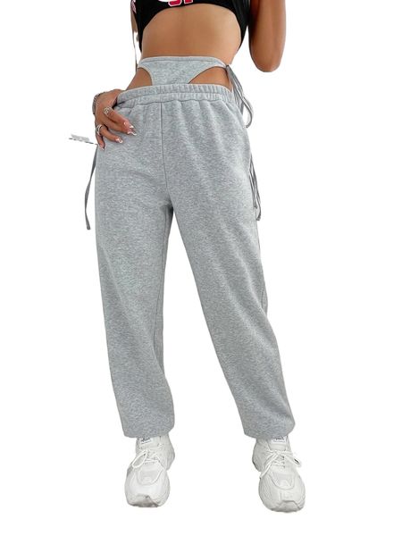 

cut out waist tie side 2 in 1 sweatpants p9uv#, Black;white