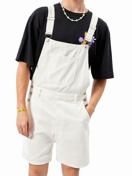 

men letter & floral print tee & patched pocket overall denim romper w6mv#, Gray