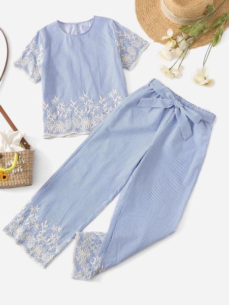 

girls floral embroidery vertical striped schiffy & belted pants she, White