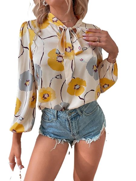 

floral print lantern sleeve tie neck blouse x03v#, White