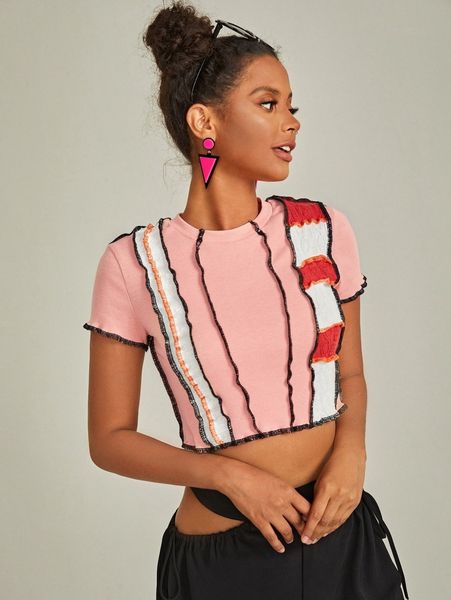 

ribbed knit color block stitching crop tee d7rs#, White