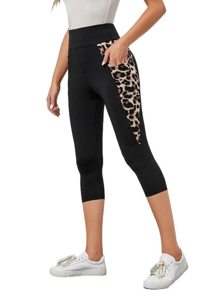 

emery rose leopard wideband waist sports leggings with phone pocket b0d5#, White;black