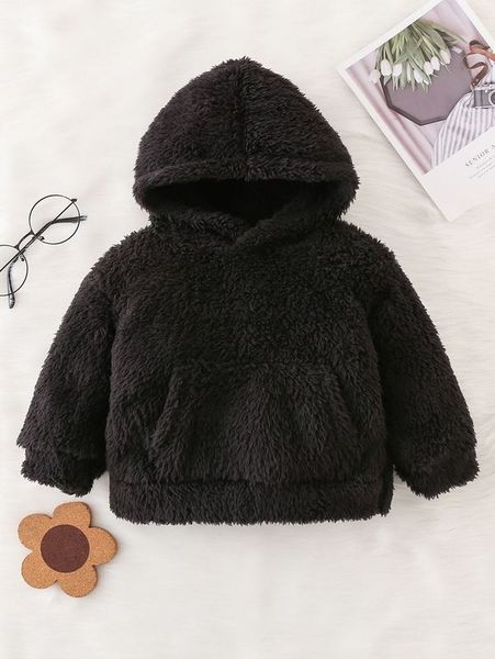 

baby solid kangaroo pocket teddy hoodie she, Black