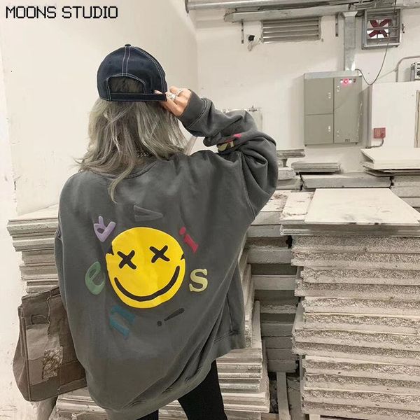 

face foam smiling sweater loose round neck pullover long sleeve for men and women, Black