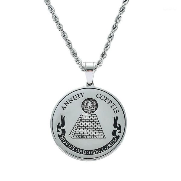 

pendant necklaces novus ordo secloru masonic round pendants illuminati pyramid gold men hip hop rapper jewelry, Silver