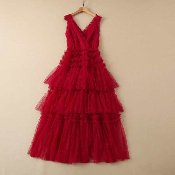 

2022 autumn v neck tulle dress solid color tiered red / sleeveless long maxi panelled dresses 22g210040, Black;gray
