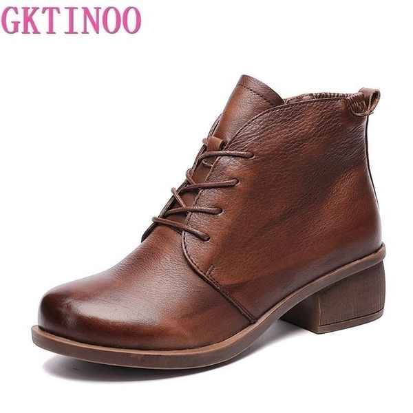 

gktinoo genuine leather ankle boots retro women shoes new autumn winter round toe square heel zip crosstied women boots 201102, Black