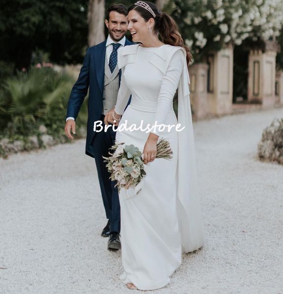 Weiches Satin-Boho-Meerjungfrau-Hochzeitskleid 2022 mit Band, elegant, O-Ausschnitt, lange Ärmel, böhmische Gartenhochzeitskleider, rückenfrei, Braut, Partykleidung, Country-Robe de Mari￩e