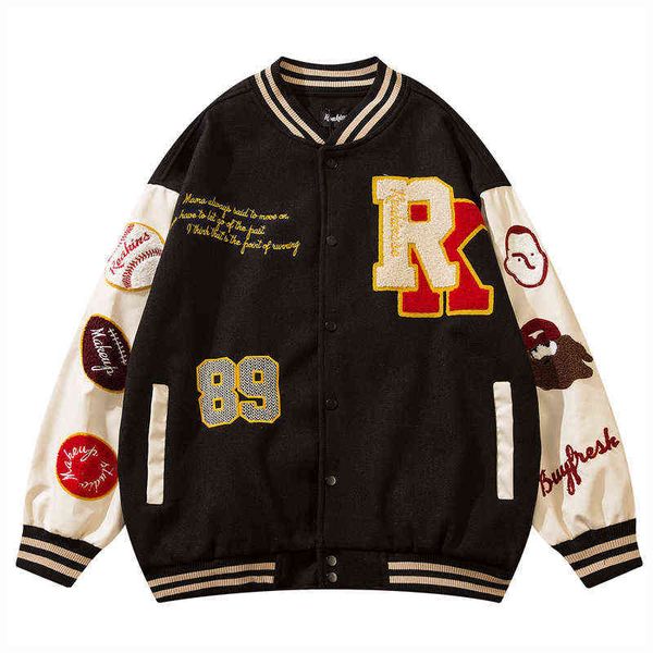 

hip hop 2022 oversized streetwear vintage baseball jacket letter ball embroidery patchwork harajuku college varsity jackets t220728, Black;brown