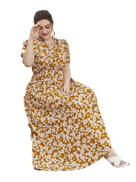 

plus allover floral print puff sleeve maxi dress d3mk#, Black