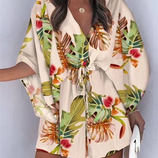 

fashion leaf leopard printed harajuku dress elegant batwing sleeve lace up party summer v neck irregular women mini 220613, Black;gray