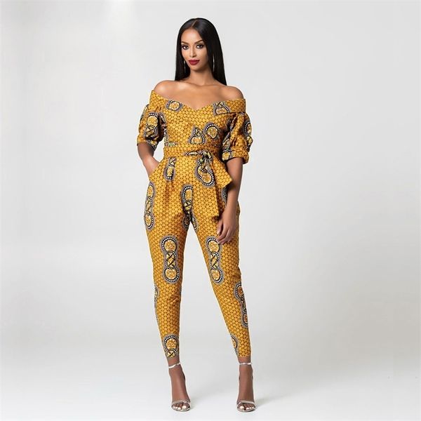 

african clothes for women ladies dashiki print shoulder off ankara style trousers fashion robe africaine jumpsuit 220514, White