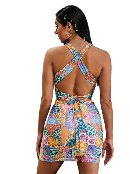 

patchwork print criss cross tie back halter dress b3th#, Black;gray