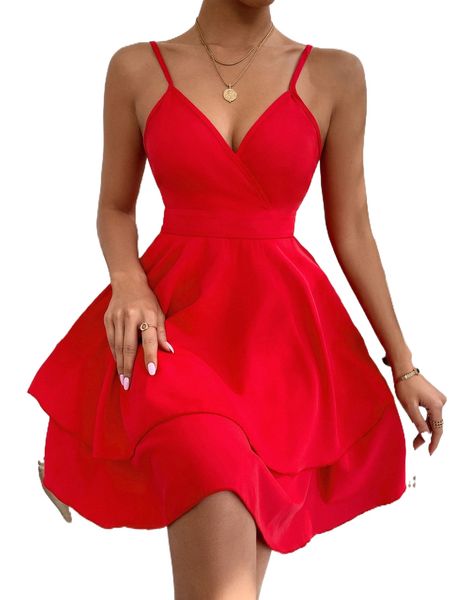 

layered ruffle hem cami dress l57g#, Black;gray