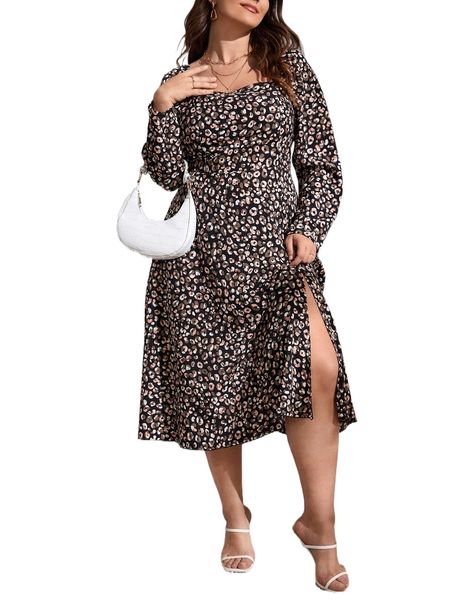 

plus allover print split hem dress 71t0#, Black