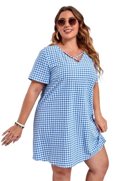 

plus gingham criss cross tunic dress 526m#, Black