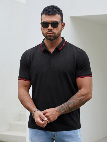 

extended sizes men striped trim polo shirt v2wm#, White;black